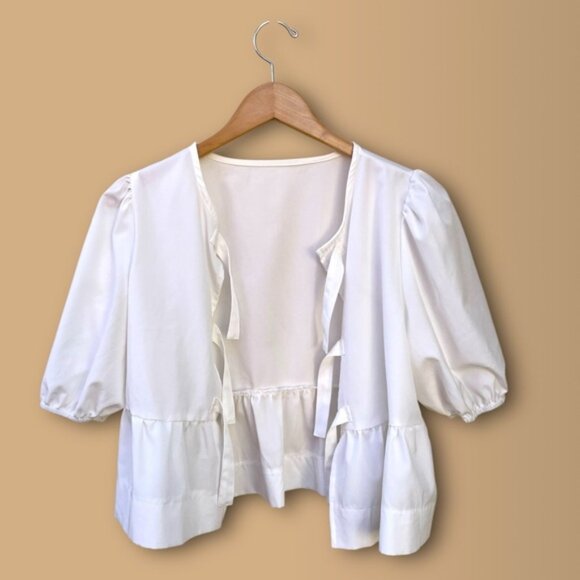 White Round Neck Tie Front Puff Sleeve Blouse - Picture 6 of 8